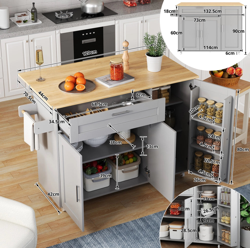 Carrello da cucina grigio con piano pieghevole, armadi e 5 ruote