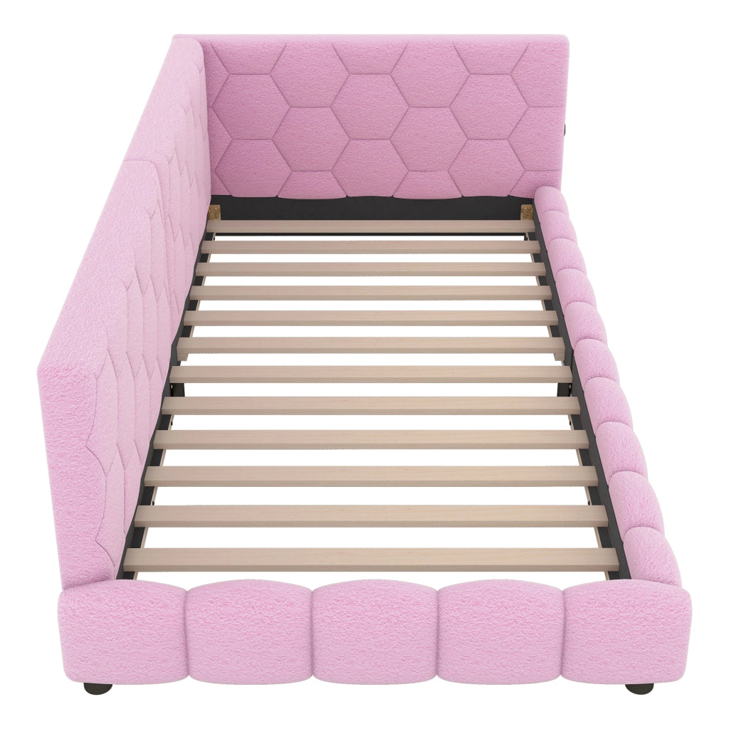 DESMIU Letto daybed 90 × 200 cm 1 posto LED regolabile, USB, Type-C, senza materasso, velluto, rosa