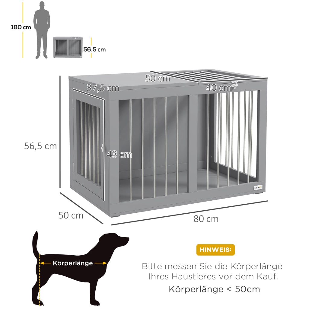 Cuccia per cani chiudibile con due porte, fondo rialzato, in MDF e acciaio, grigio, 80 × 50 × 56,5 cm