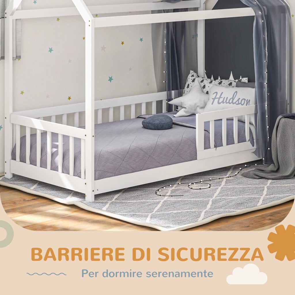 Letto Singolo per Bambini Casetta 96x195x165 cm con Doghe e Recinzione in Legno di Pino Bianco