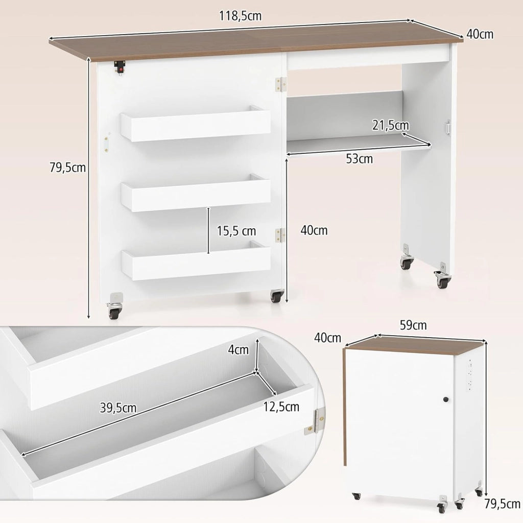 Tavolo da Cucito Pieghevole con Ruote, Mobile per Macchina da Cucire con 4 Ripiani Aperti e Ampio Piano di Lavoro, Ideale per Soggiorno, Camera da Letto e Sala Hobby (Bianco+Naturale)