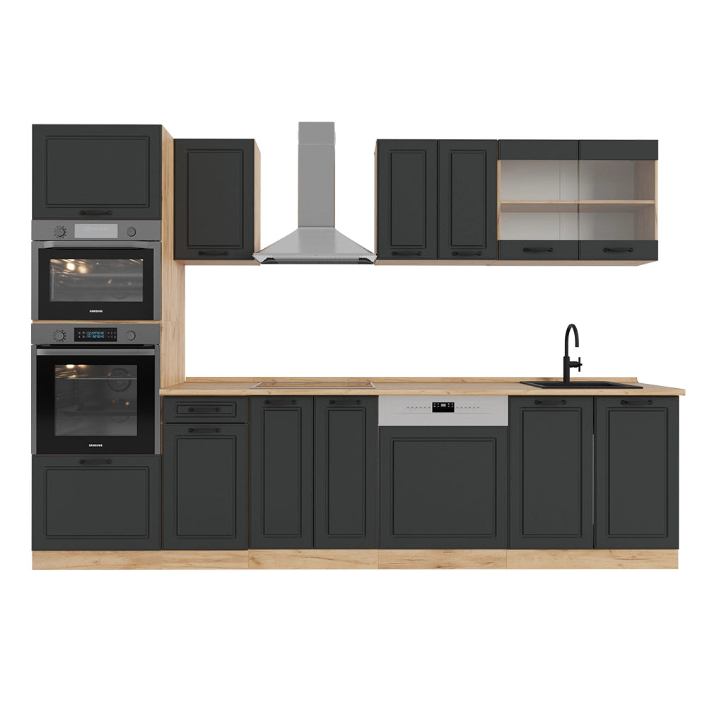 Vicco Cucina componibile Antracite casa di campagna/rovere dorato 300 cm con armadio alto, PL Rovere