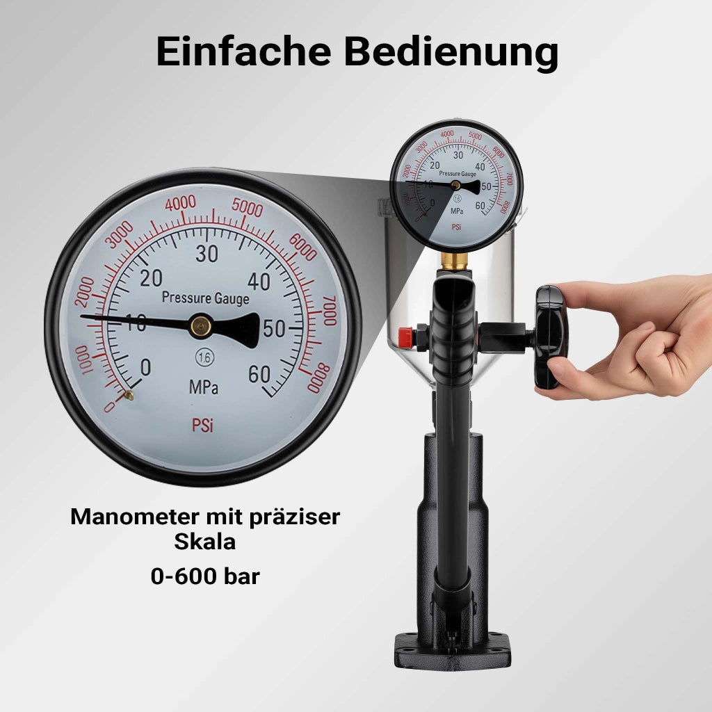Tester per iniettori diesel, revisione ugelli di iniezione, manometro 0-600 bar, con adattatori, leva manuale, per controllo, calibrazione, regolazione della tenuta