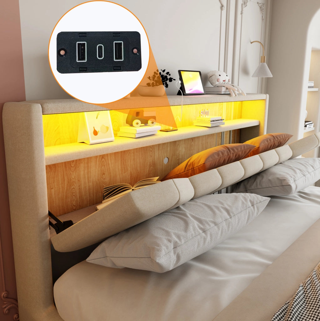 Letto imbottito contenitore 140 x 200 cm beige con LED, porte USB e USB-C