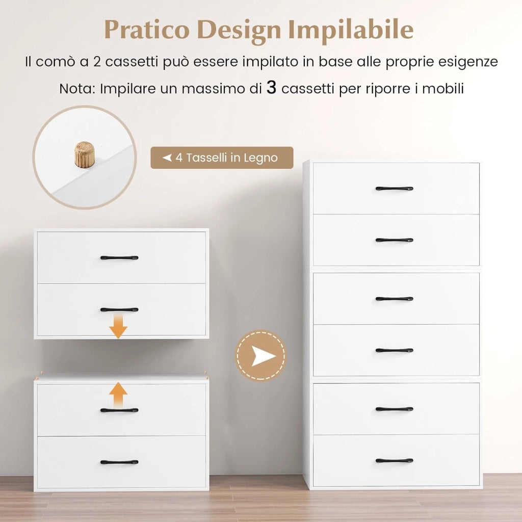 Organizzatore di Stoccaggio Impilabile con 2 Cassetti, Mobile Orizzontale con Kit Anti-Ribaltamento, Comò Multiuso per Soggiorno Studio Ufficio, 60x34x38 cm (Bianco)