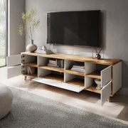 Mobile porta TV moderno con 4 vani e 4 ante in MDF bianco e legno per soggiorno 175 × 37 × 51 cm