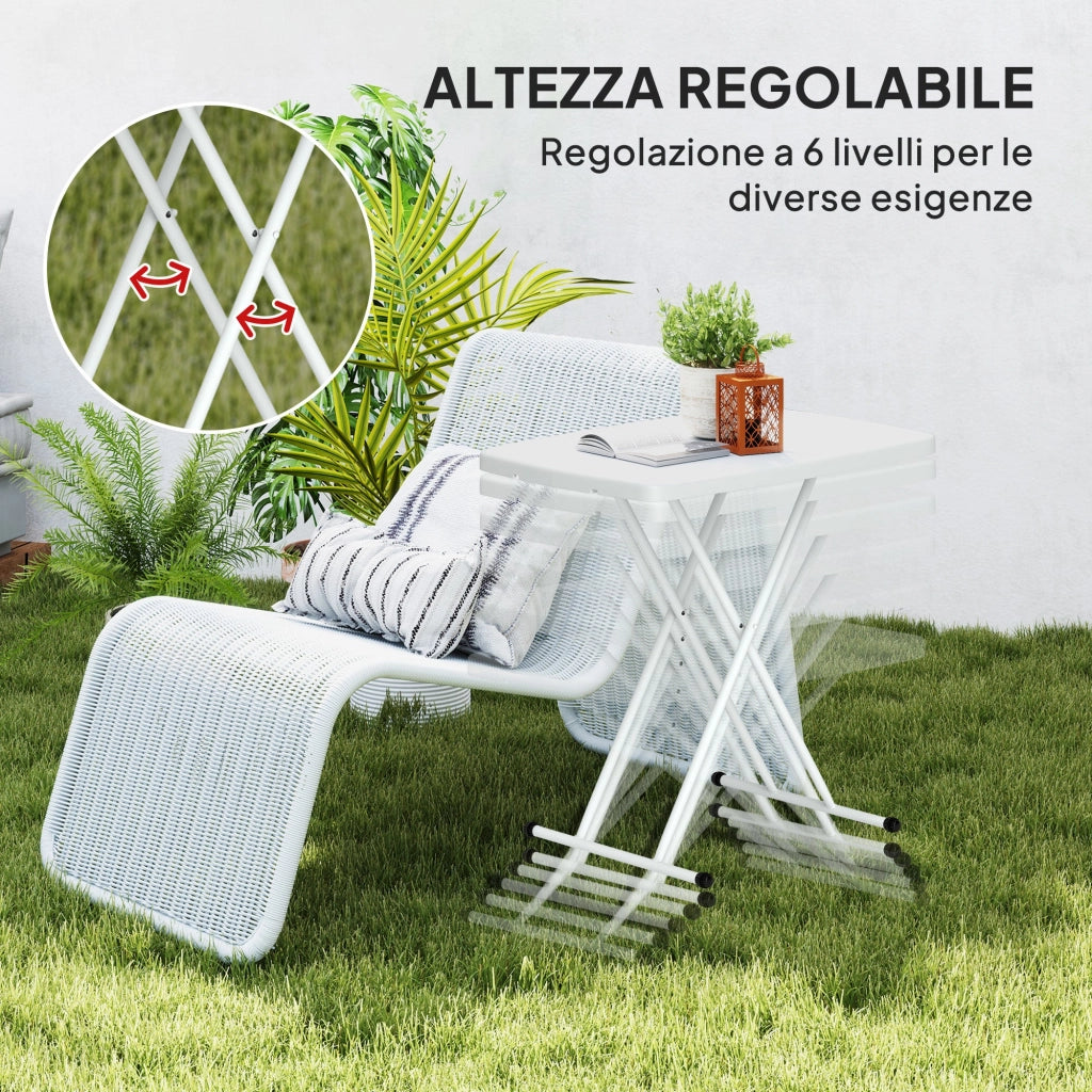 Tavolino da Giardino Pieghevole 76x50x74 cm con Altezza Regolabile in Metallo e HDPE Bianco