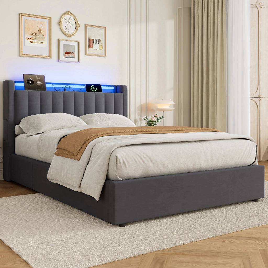 Letto imbottito 140x190 cm in velluto grigio scuro con contenitore, USB e luce d'atmosfera integrata elegante.