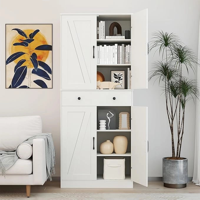 Credenza Alta da Cucina, Mobile Dispensa in Legno con 3 Ripiani Regolabili, 1 Cassette e 4 Ante, Armadio Moderno per Cucina, Soggiorno, Sala da Pranzo, 77 x 39 x 183 cm, Portata 140 kg