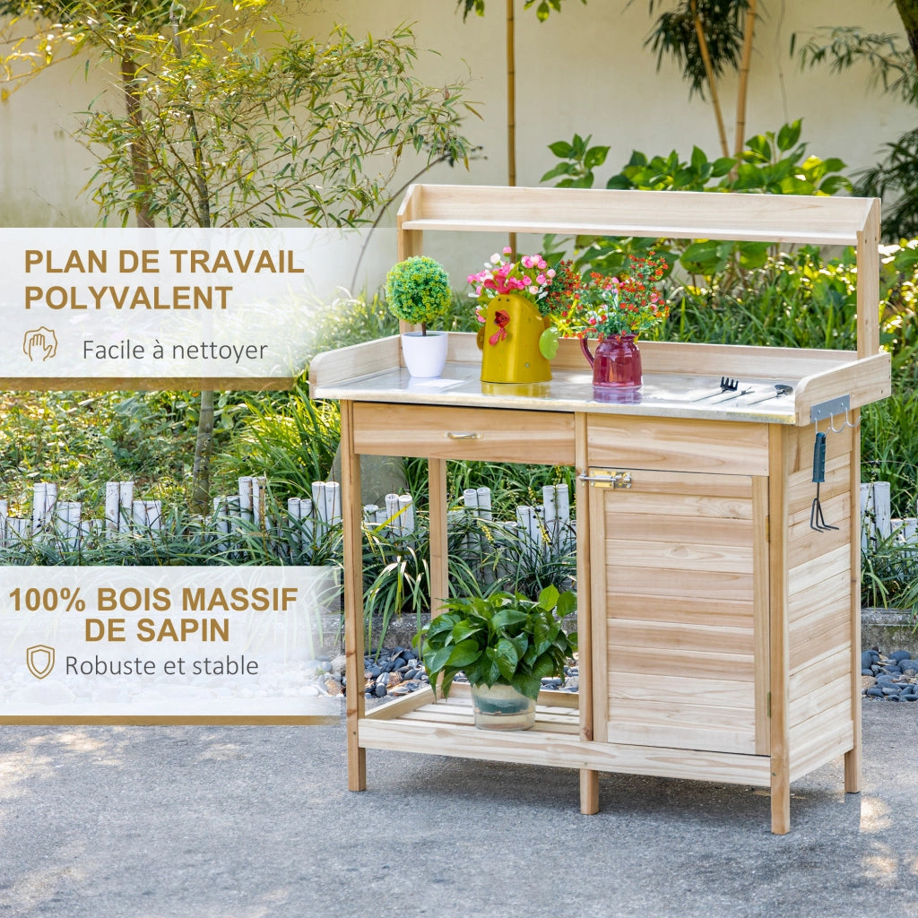 Tavolo da giardinaggio con ripiani e cassetti ¨C zephmum ¨C legno di abete