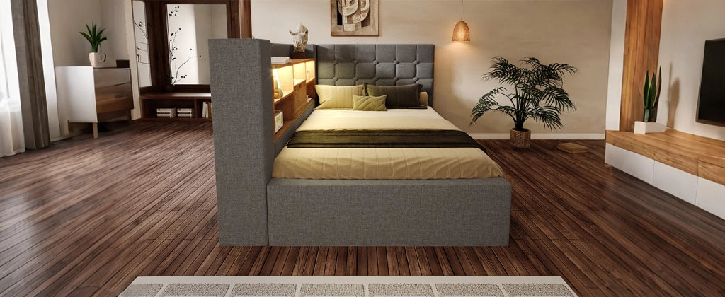 DESMIU Letto singolo 90 × 200 cm con LED, USB e contenitore idraulico, materasso incluso, lino, grigio