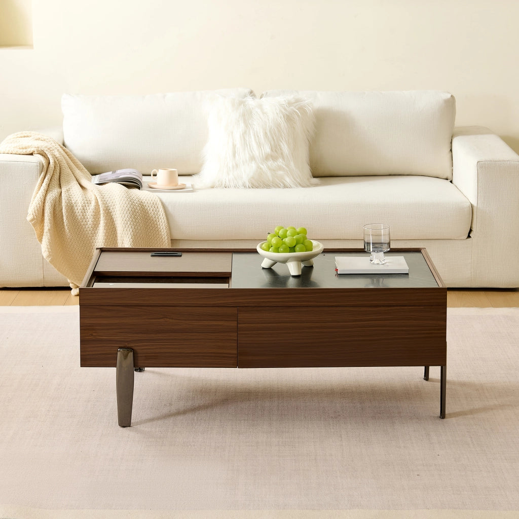 Tavolino da Caffè con 2 Cassetti; Piano Scorrevole e Piano in Vetro; Stile Industriale; in MDF; 105×50×41;5 cm; Marrone
