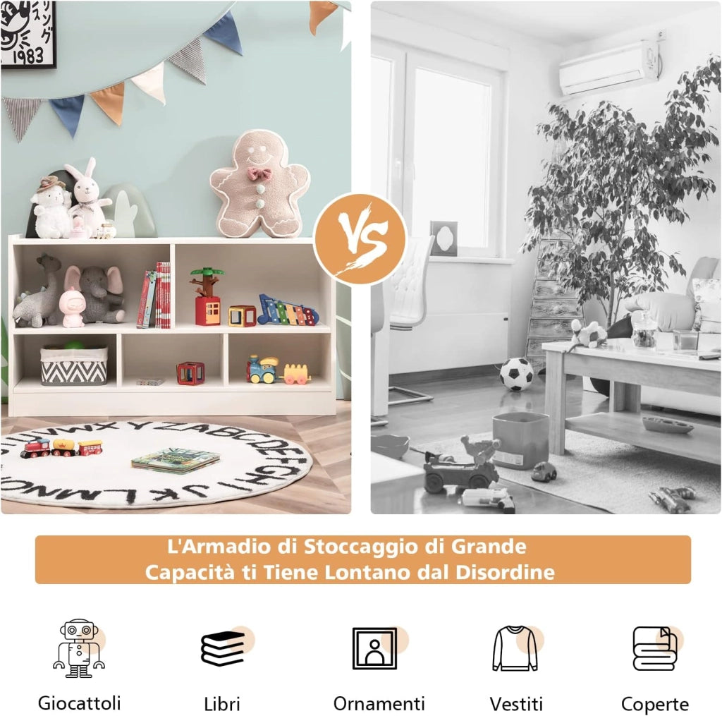 Libreria per Bambini e Organizer Giocattoli, Scaffale di Legno Con 5 Scompartimenti, Per Stanza dei Giochi Camera Dei Bambini Angolo di Lettura Classe Scuola Materna (Bianco)