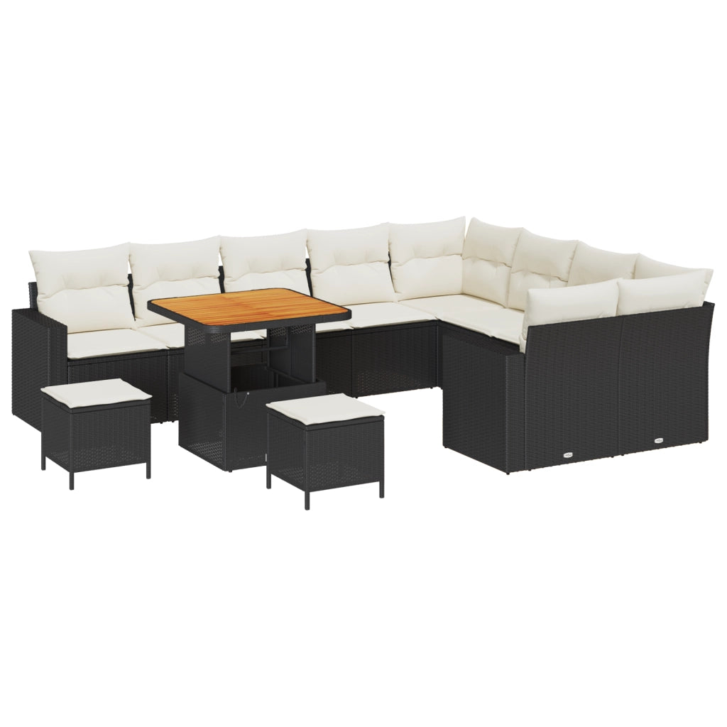 Set di SofÃ  da Giardino  da 12 Pezzi con Cuscini Nero Polyrattan Acacia