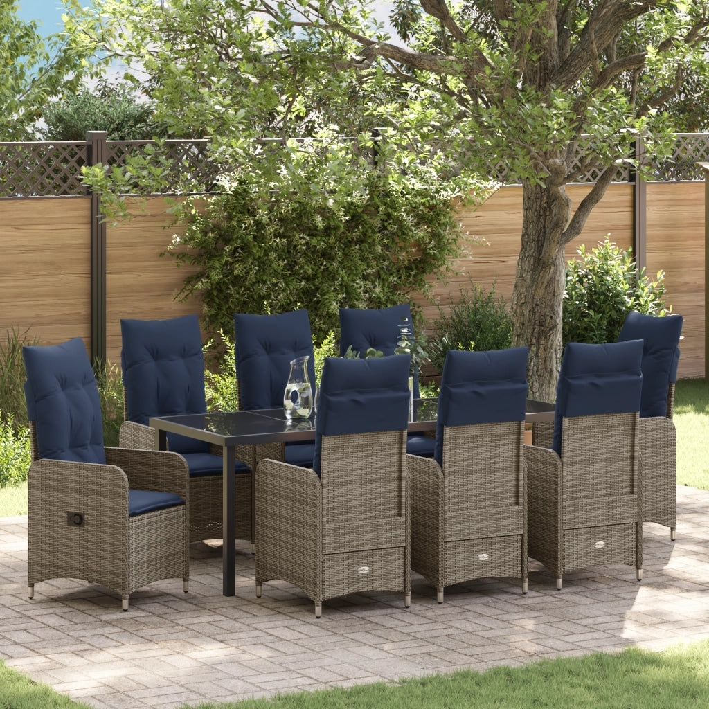 Set da Pranzo da Giardino 9 Pezzi con Cuscini Nero Polyrattan