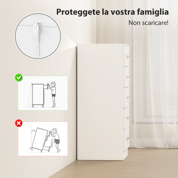 Cassettiera 5 Cassetti 40x35x85 cm dallo Stile Moderno in Truciolato Bianco