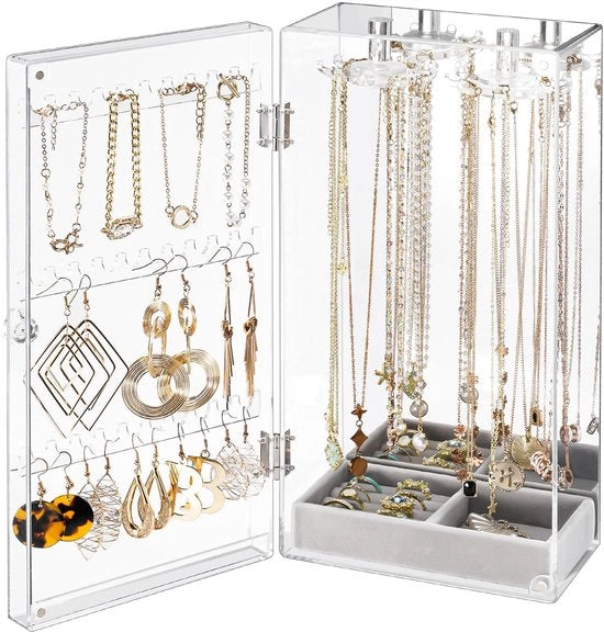 Organizzatore per Orecchini in Acrilato, Display Box per Orecchini, Stand per Orecchini, Cassa per Orecchini con Display Stoffa, Stand per Orecchini Transparente con Lavello in Pelle - Transparente (Specchio per Orecchini)