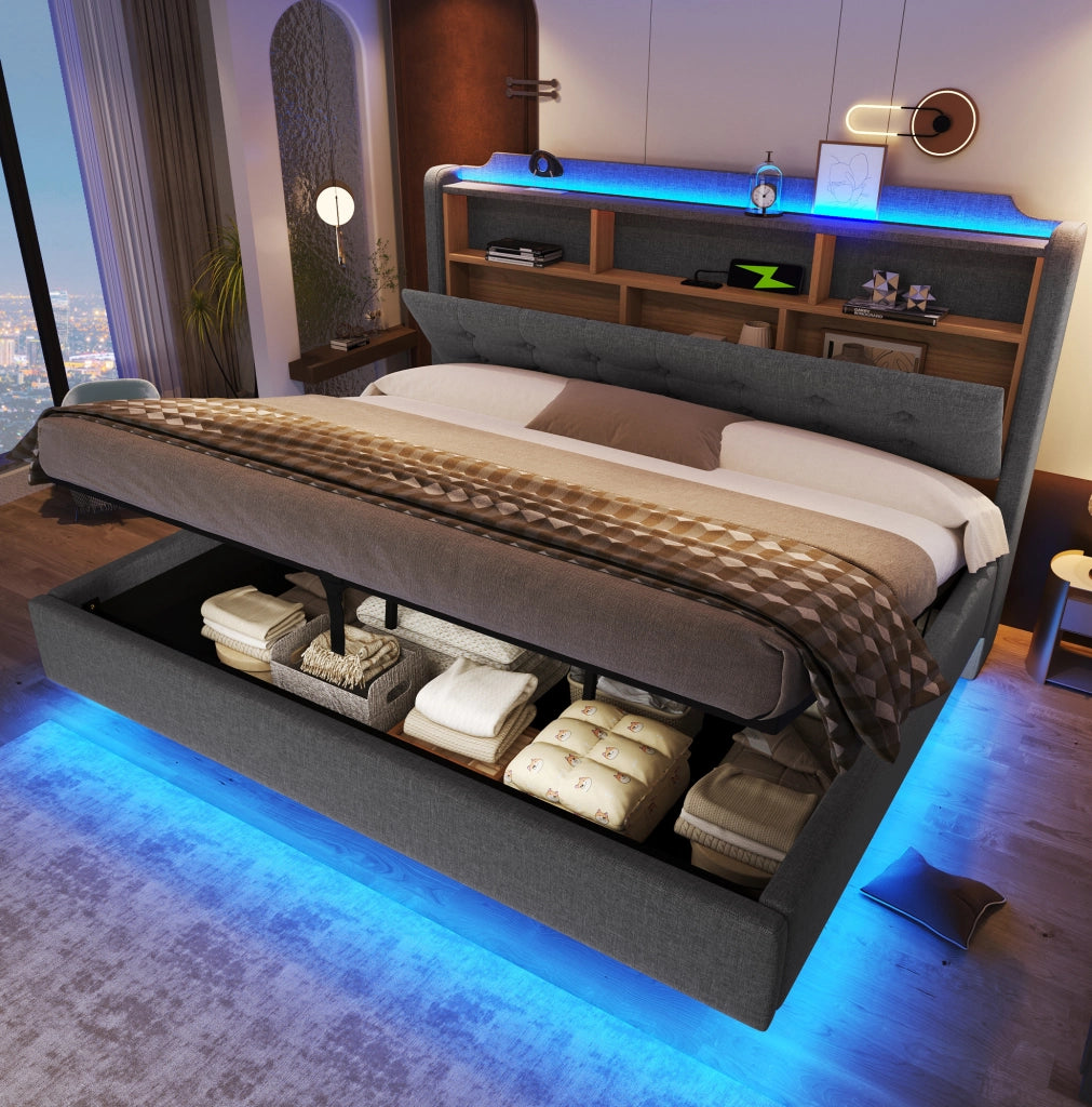 Letto matrimoniale imbottito 180x200 cm in lino grigio con LED; contenitore idraulico e USB