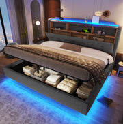Letto matrimoniale imbottito 180x200 cm in lino grigio con LED; contenitore idraulico e USB