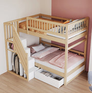 Letto a castello in legno massello 90x200 cm con scala contenitore e cassetti; bianco e legno naturale