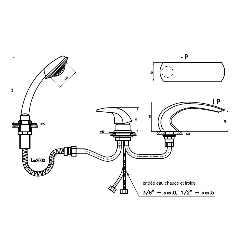 DUNAJ Miscelatore vasca a cascata 3 fori in ottone cromato