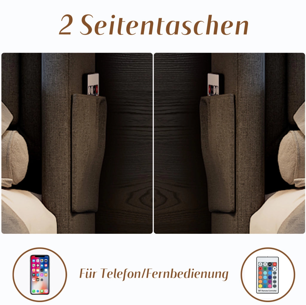 Letto singolo 90x200 cm con contenitore; LED; USB-C; in cotone e lino; grigio