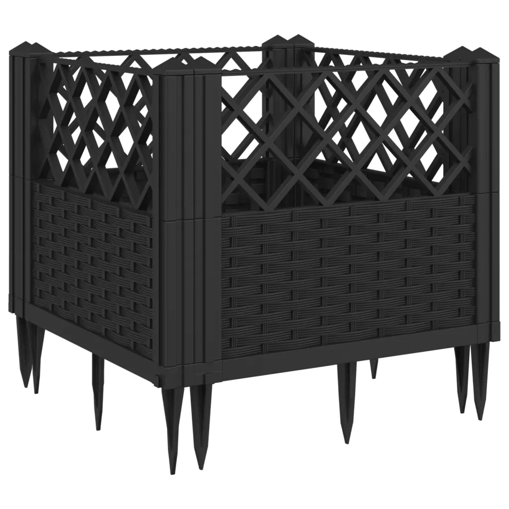 Fioriera | Cassetta per fiori | Vaso da Giardino con Picchetti Nera 43,5x43,5x43,5 cm PP