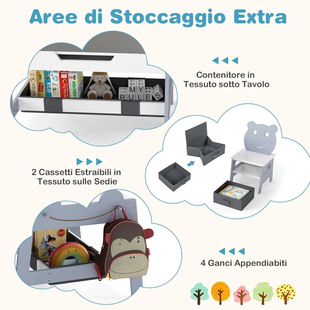 Set Tavolo e 2 Sedie per Bambini, 5 in 1 Tavolino e Sedie con 4 Ganci, 3 Scatole in Tessuto e Lavagna Reversibile per Bambini 3+ Anni per Cameretta Ragazzi (Grigio, Stile 5)