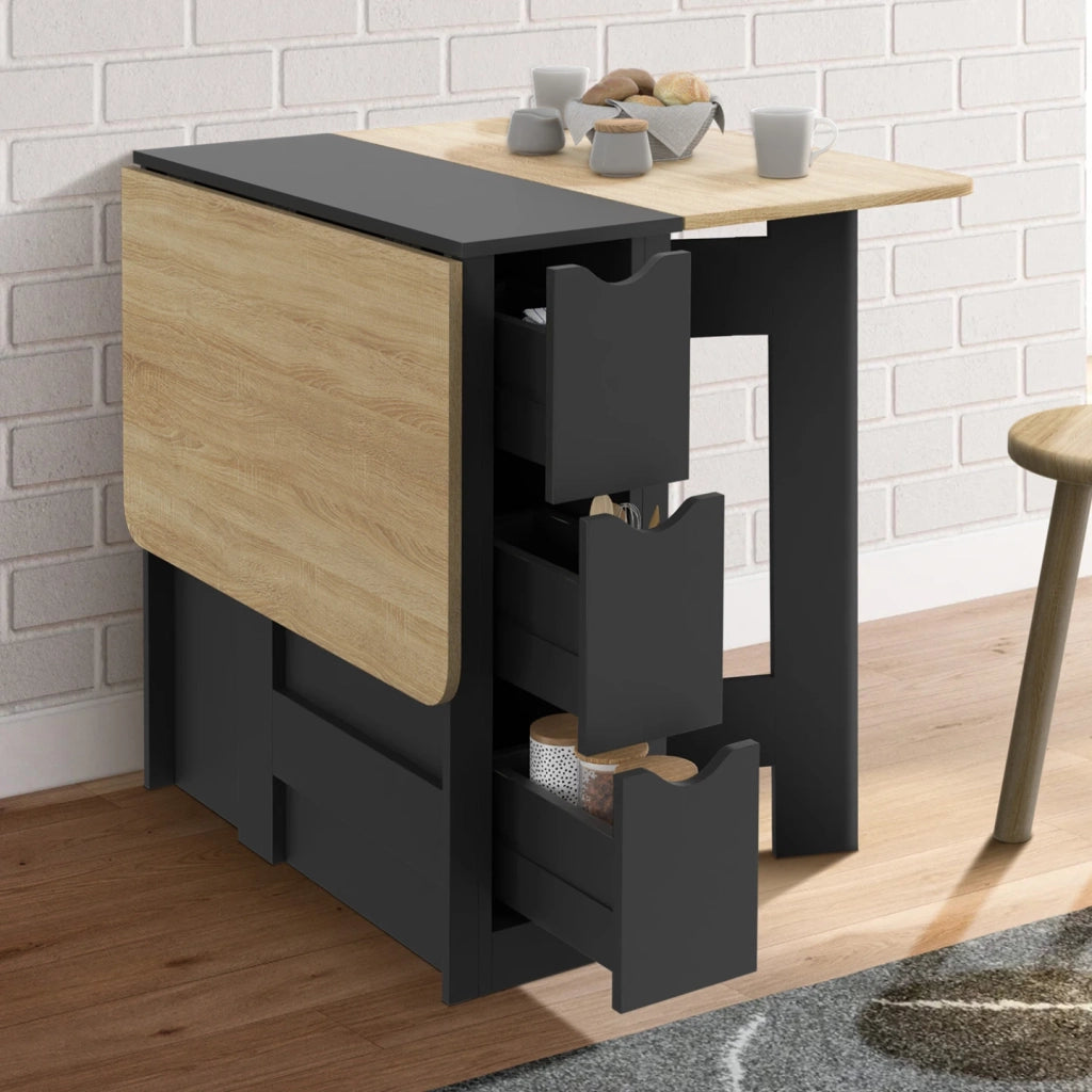IDMarket - EDI Consolle pieghevole per 2-4 persone con 3 cassetti neri, piano effetto faggio 103 x 76 cm