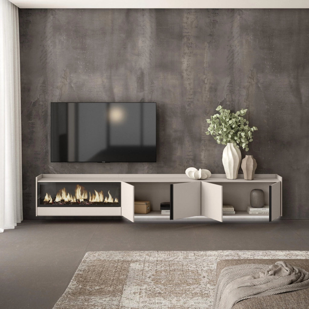 Mobile TV Soggiorno, 315x50x35 cm, Per TV fino a 80", Camino elettrico XXL, Sospeso, da appendere, LED, Beige