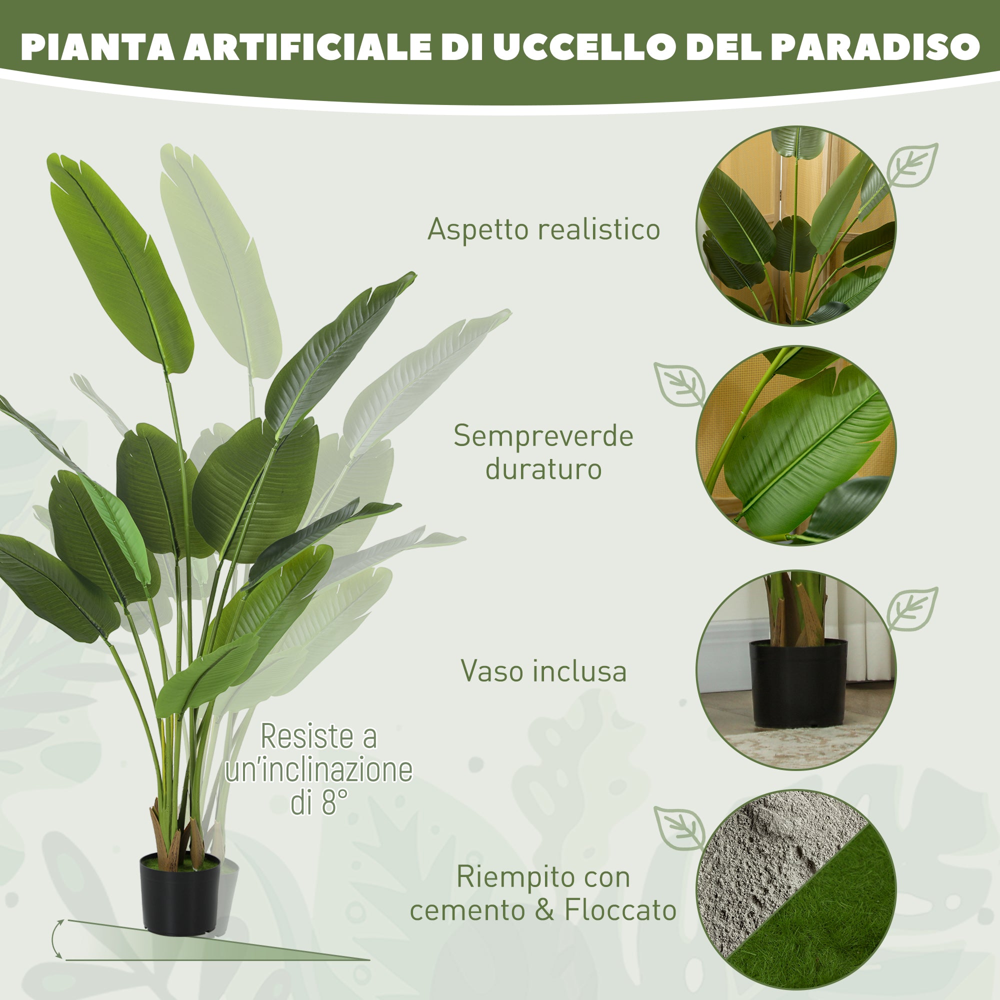 Pianta Artificiale Uccello del Paradiso Alta 160 cm per Interni con Vaso in PEVA Verde