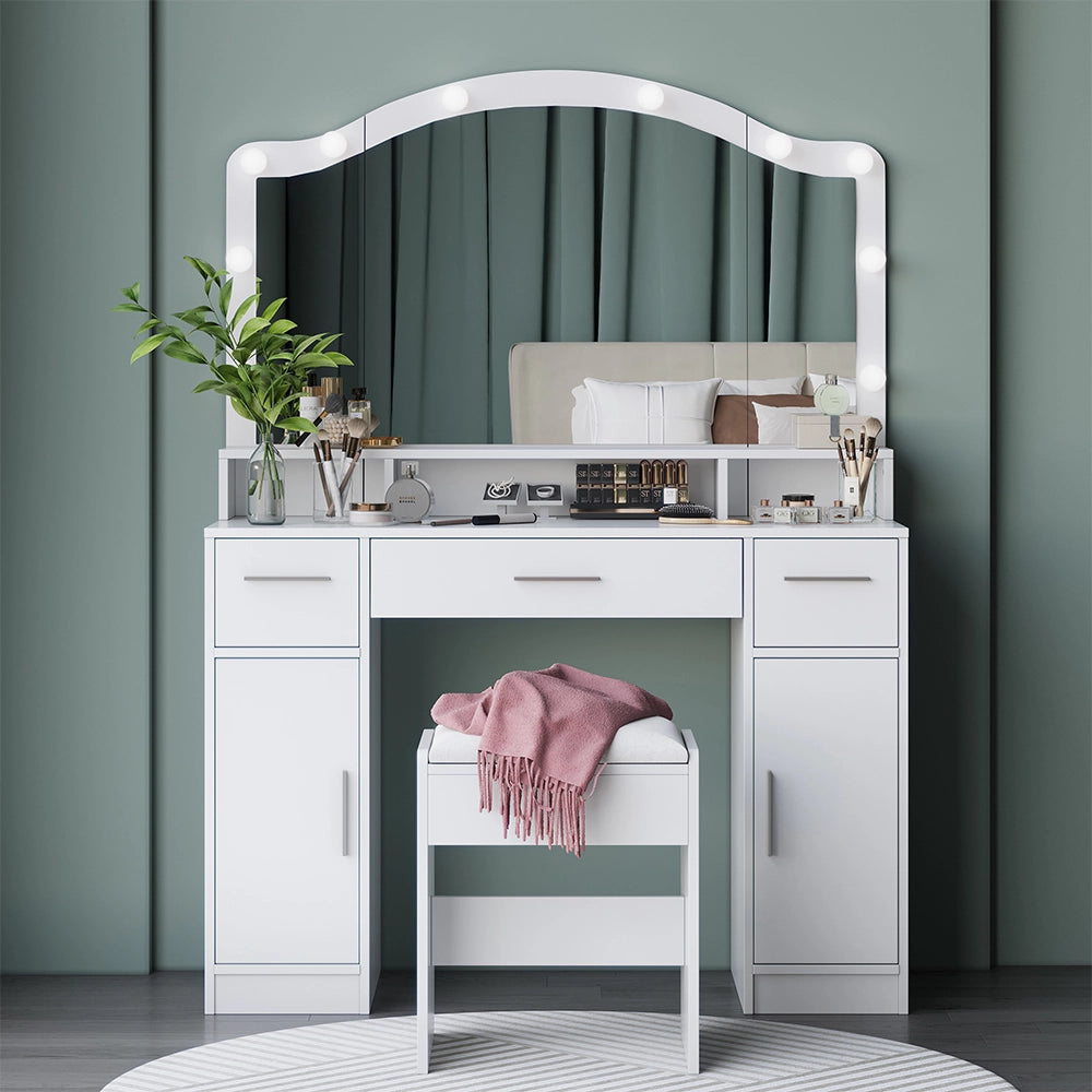 Vicco Tavolo da toilette Bianco 110 cm con specchio LED e sgabello