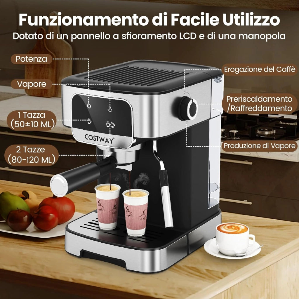 1200W Macchina da Caffè Professionale, Macchina per Espresso 20 Bar con Montalatte a Vapore, in Acciaio Inox per Cappuccino Latte Macchiato, 26 x 21 x 28 cm
