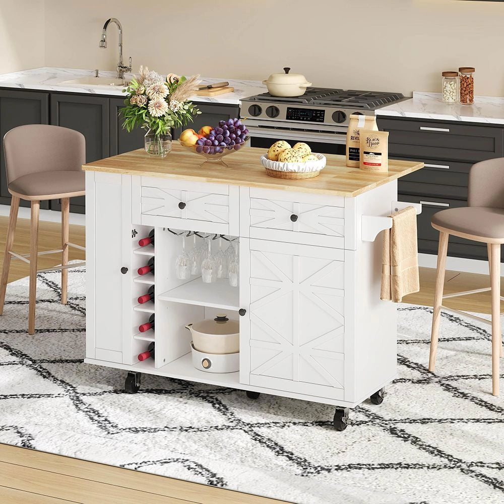 Isola da cucina con piano ribaltabile - Xylo - 120 x 45(70) x 89 cm - Bianco - 5 ruote bloccabili, scaffale porta, portabottiglie e portabicchieri