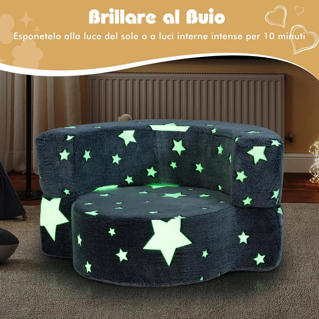 Divano Cuscino per Bambini Pieghevole 2 in 1, Poltrona Schienale Pieghevole per Bambini con Motivi Luminosi nel Buio, Divano Pieghevole per Camera da Letto e Soggiorno (Stella grigio)