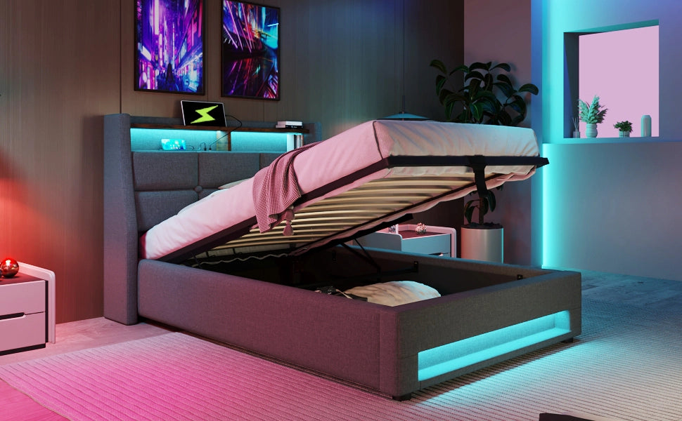 DESMIU Letto contenitore 90 × 200 cm 1 posto con LED, USB e vano, materasso incluso, in lino, grigio