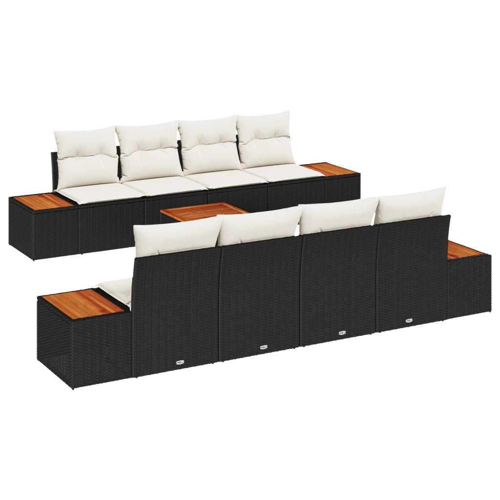 Set di divani da giardino 9 pezzi con cuscini Nero Polyrattan Acacia