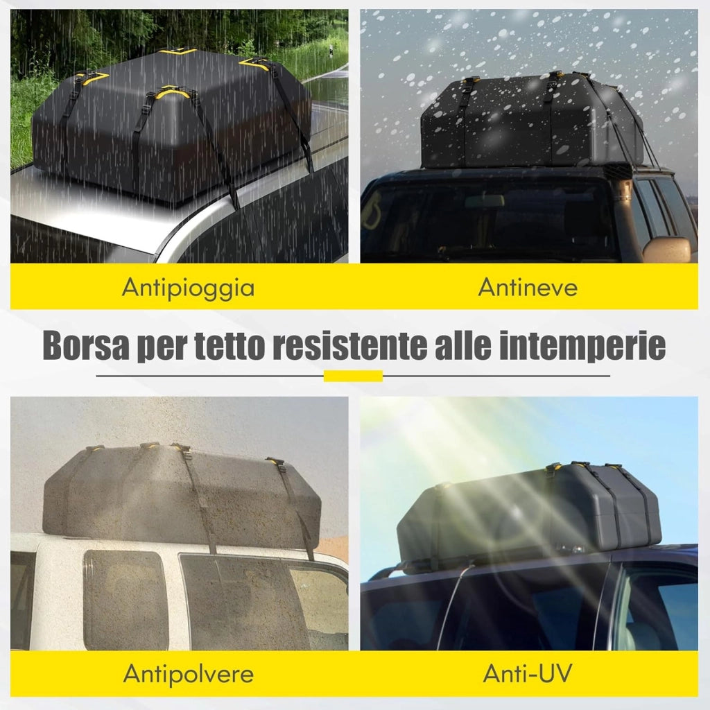 Borsa da Tetto per Auto Impermeabile 15Cu.Ft/425L, Box Tetto Universale con Tappetino Antiscivolo+ 12 Cinghie+ 6 Ganci, Sacca per Auto con/senza Barre Portapacchi(Nero)