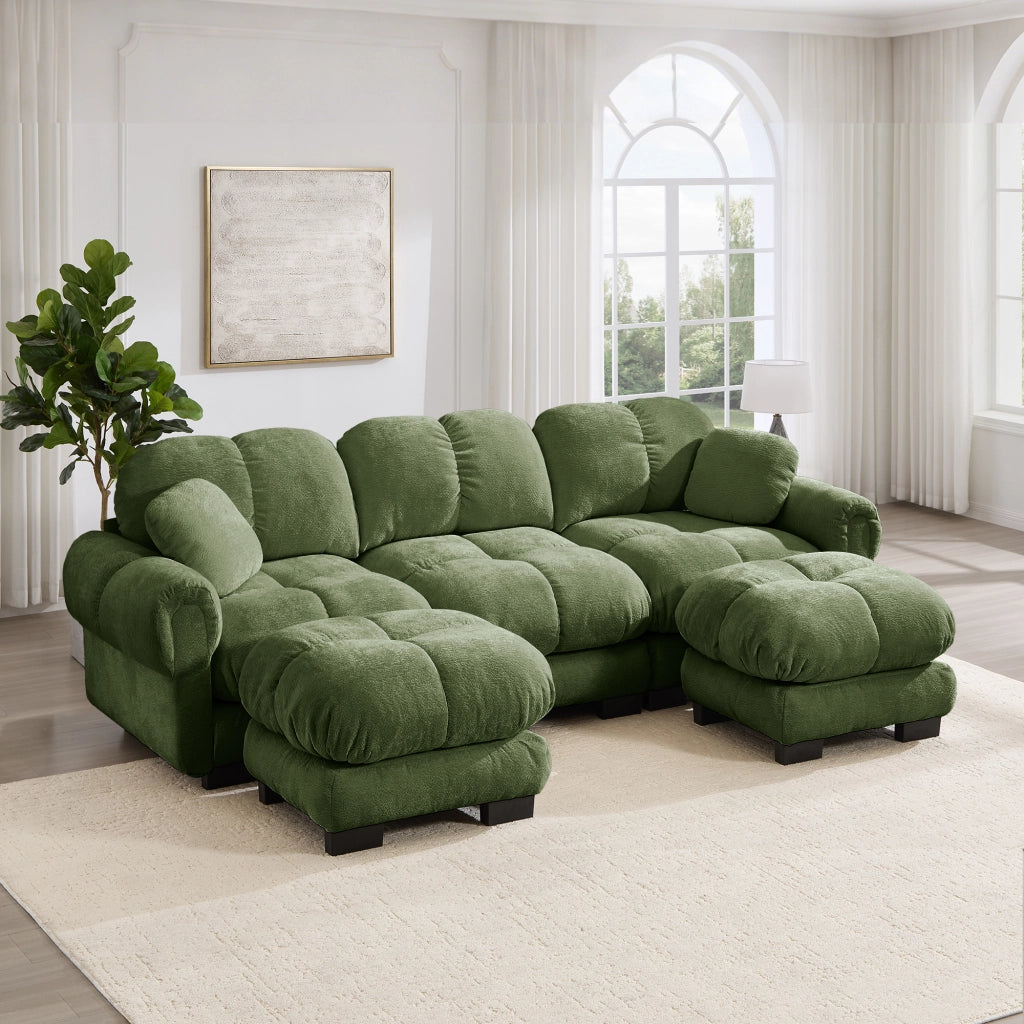 Divano panoramico a U 3 posti modulare con pouf mobile e cuscini; per soggiorno in chenille verde