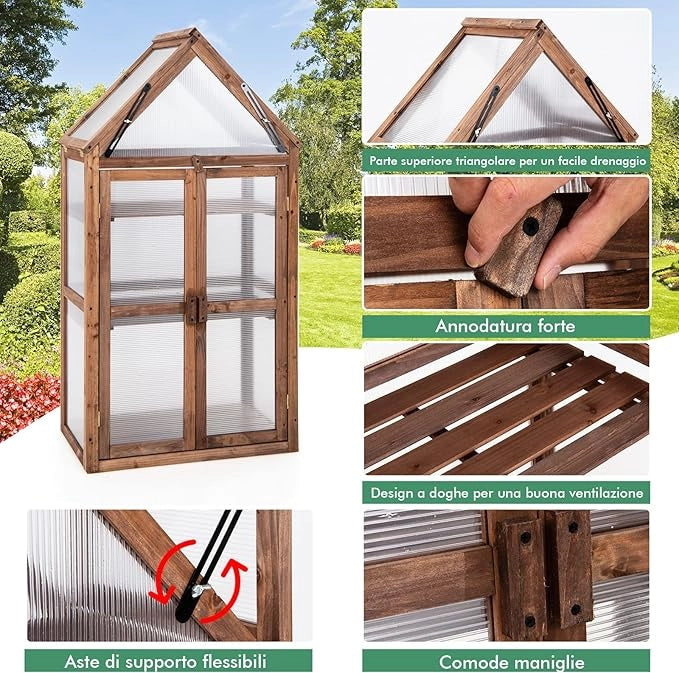 Mini Serra da Giardino in Legno a 3 Livelli, Serra da Giardino con Coperchio Apribile, Ripiani Rimovibili, Serra a Forma di Casetta da Interno ed Esterno, 71 x 41 x 133 cm