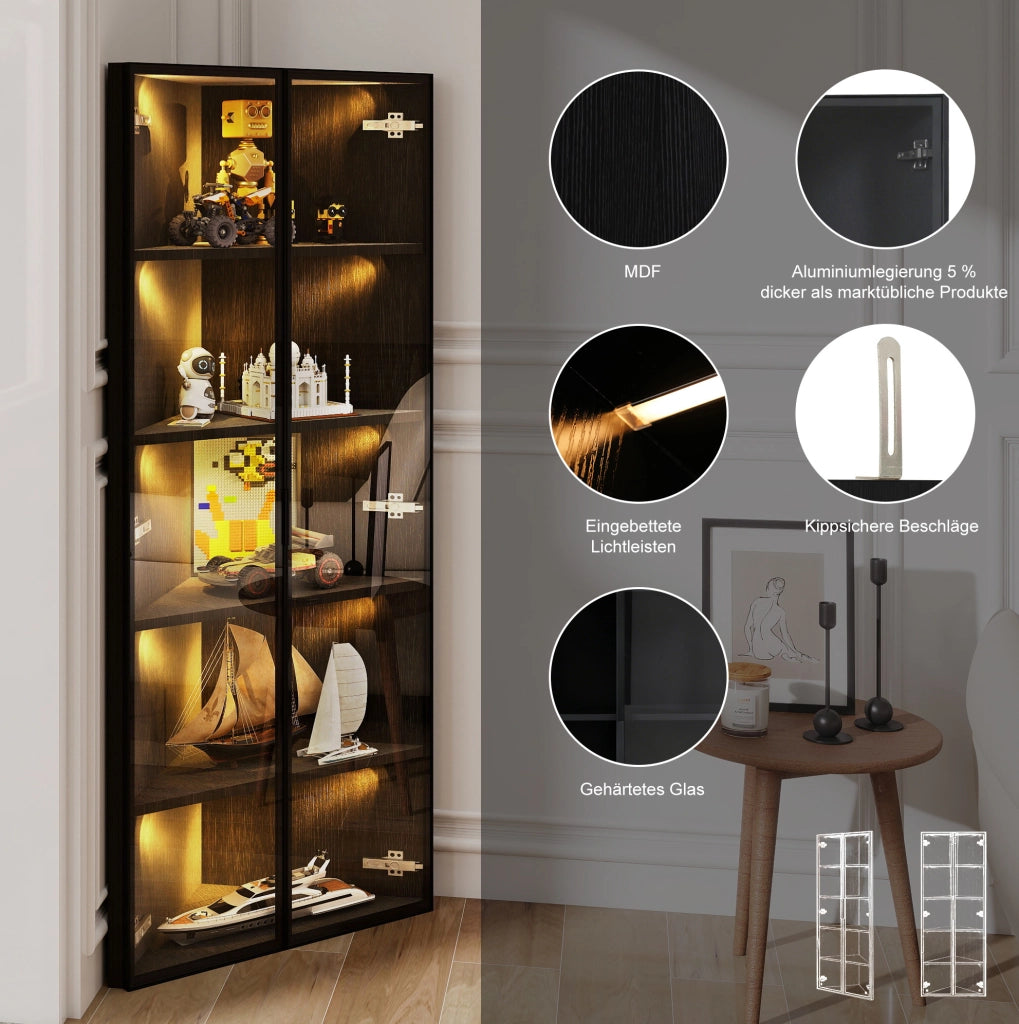Vetrina angolare con LED 62x35x160 cm in MDF e vetro; nera