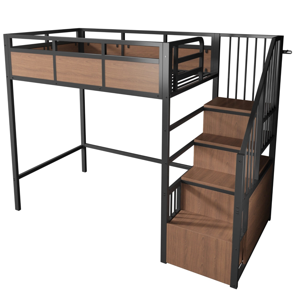 Letto a soppalco 90x200 cm con scala portaoggetti e LED in metallo e legno nero