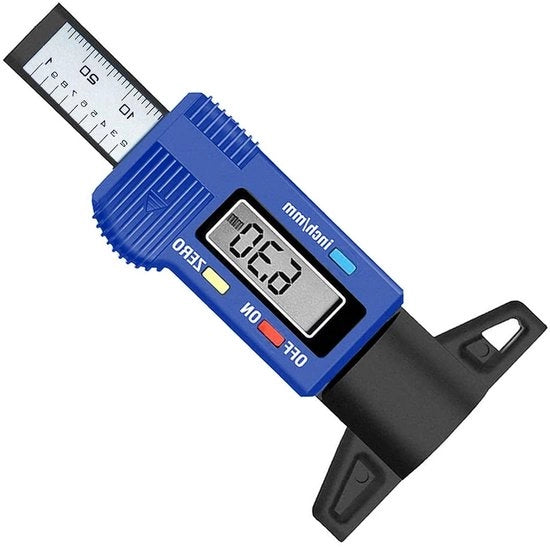 Misuratore di profilo delle gomme per motocicletta con display LCD da 0 a 254 mm, doseeratore di schiuma blu.