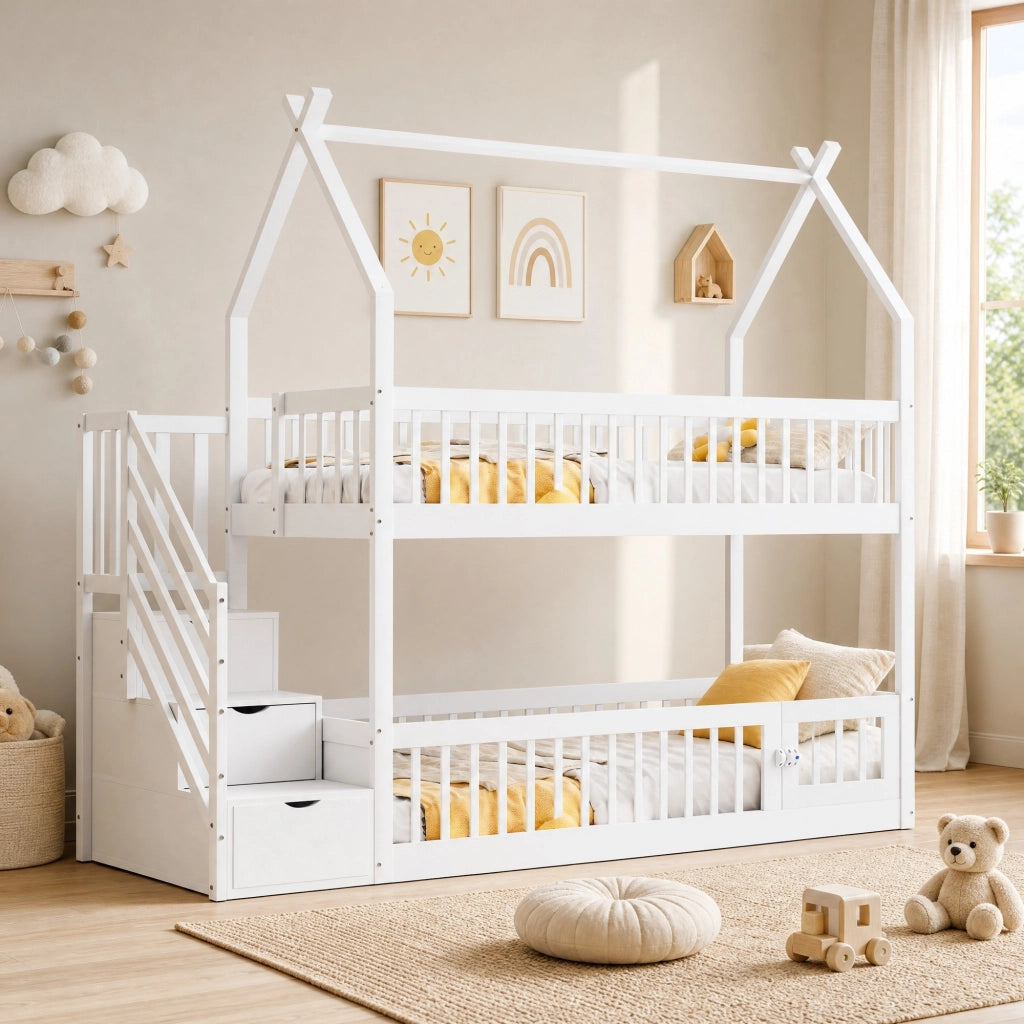 LETTO a castello per bambini 90x200 cm in legno massello bianco con tetto