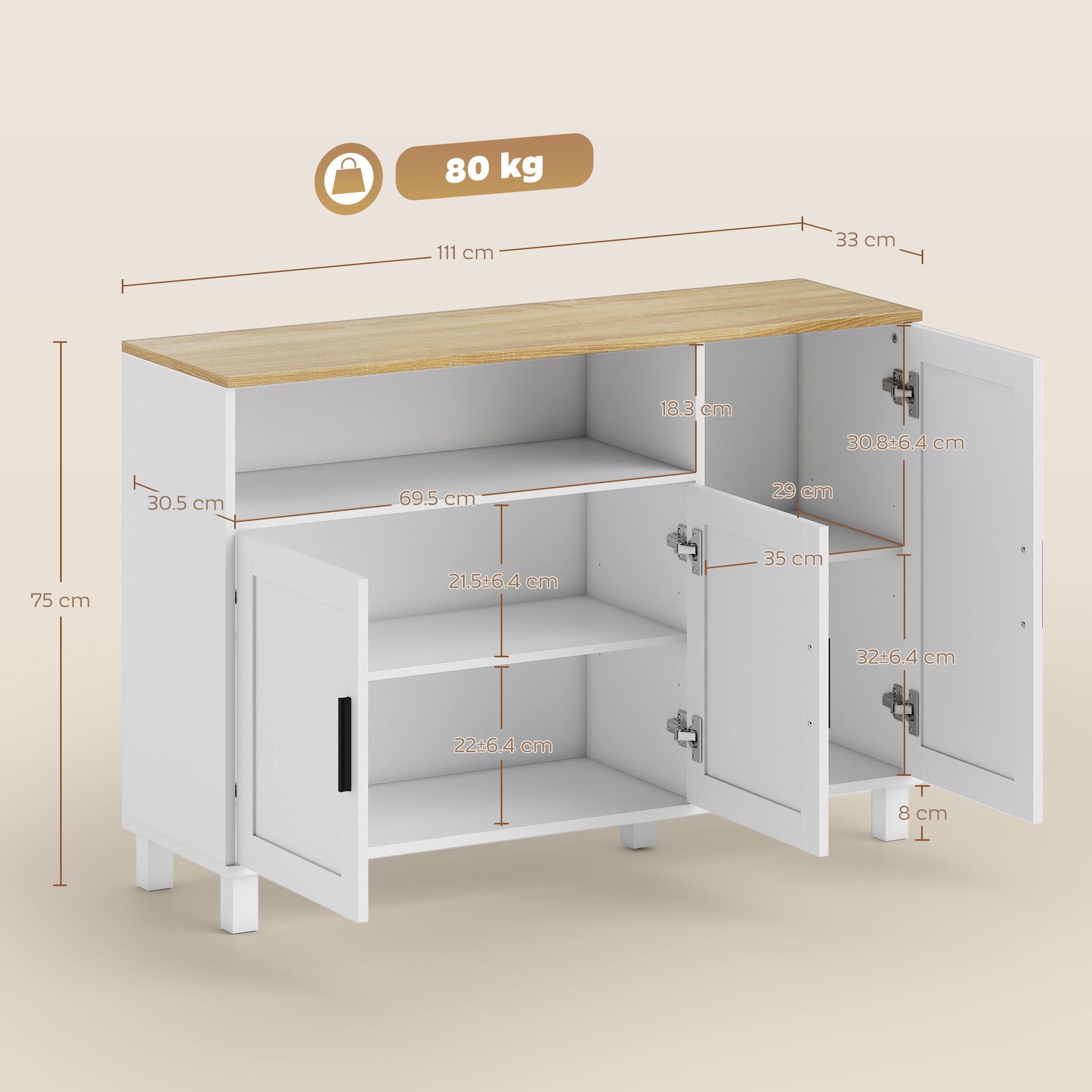Credenza Cucina 110x33x75 cm con Ante Ammortizzate 2 Armadietti e Vano Aperto in Legno Bianco