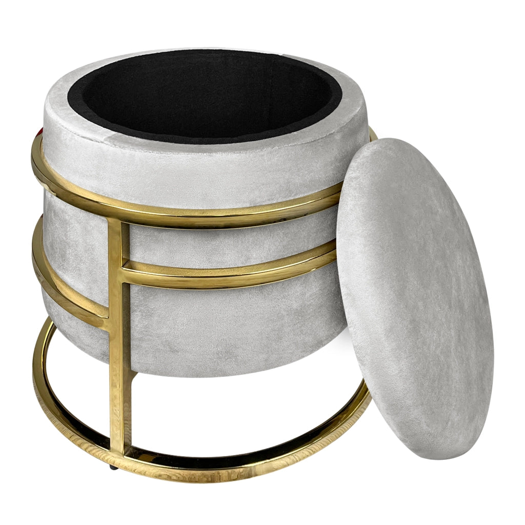 Pouf Contenitore Poggiapiedi Velluto Con Struttura Circolare Cromata Oro Elegante Imbottito Sgabello Per Toeletta Mobile Trucco Ottomano Ingresso Camera Da Letto Rotondo - Grigio chiaro