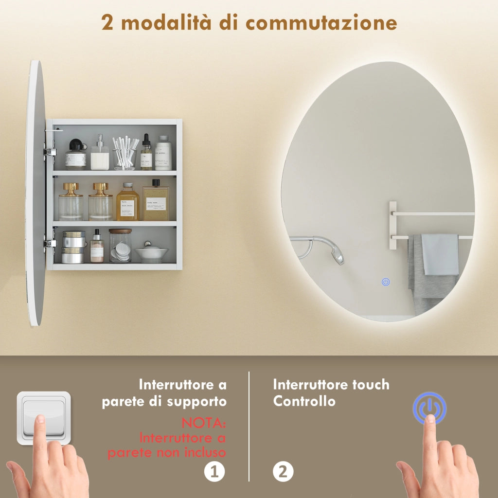 Armadietto da Bagno con Specchio a LED 50x14x70 cm Anti-Appannamento Illuminazione Dimmerabile 3 Colori Bianco