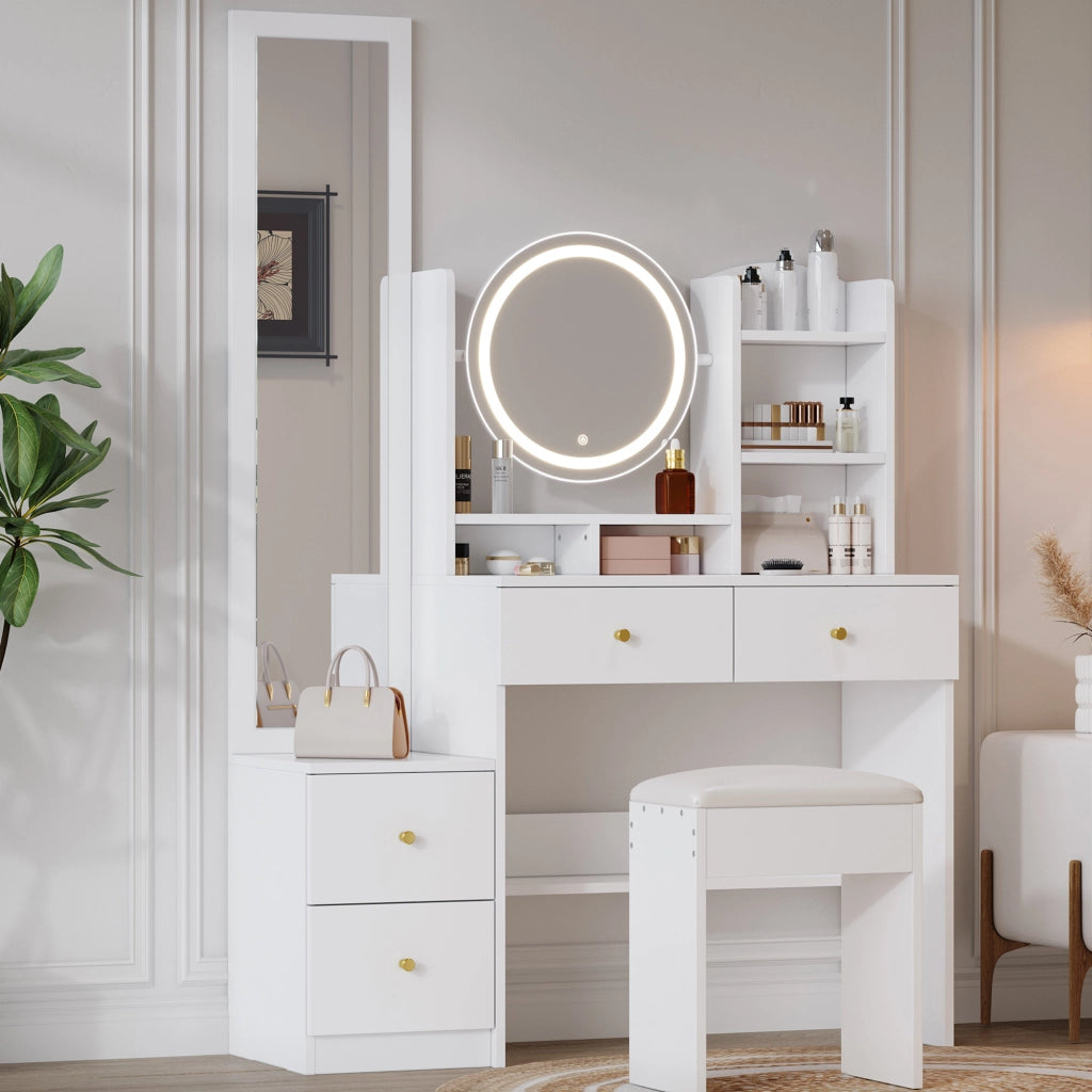 Toeletta 4 in 1 con specchio LED e specchio girevole, sgabello, 109x36x164 cm, bianca