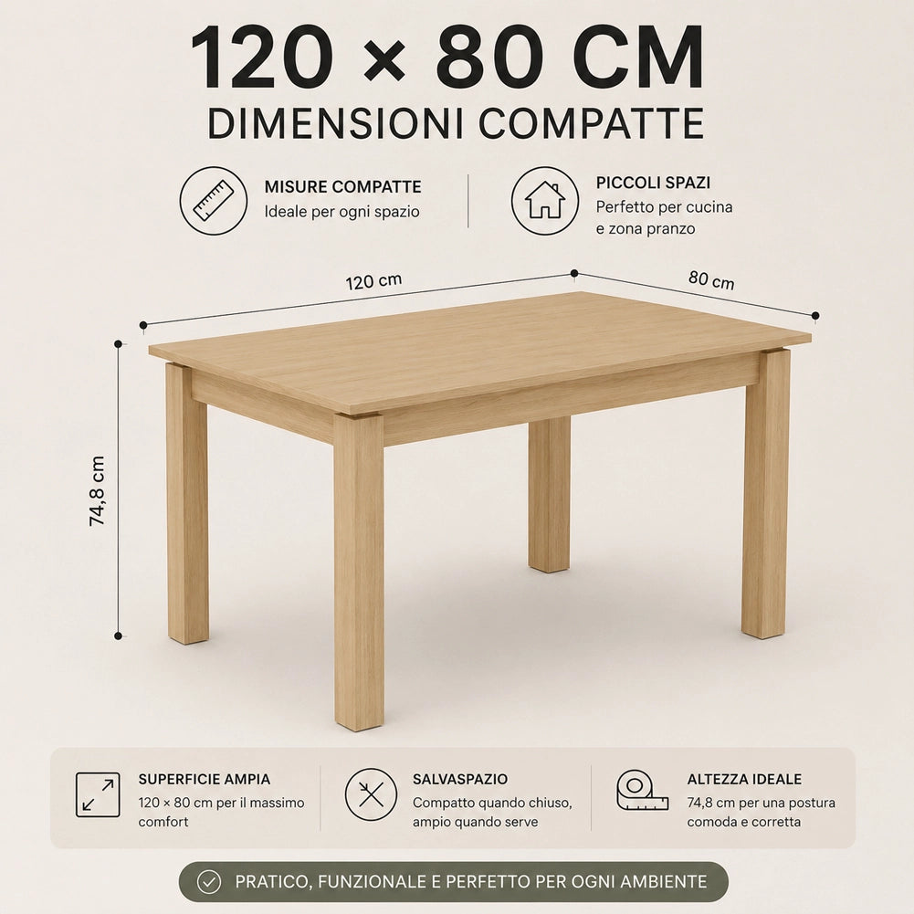 Tavolo da Pranzo 120x80 Allungabile fino a 170 cm Rettangolare in Legno Quercia