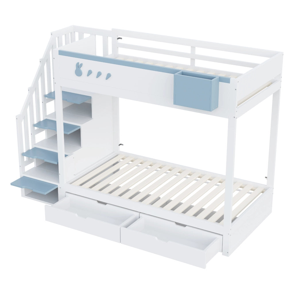 Letto a castello 90x200 cm con ripiano removibile e cassetti in legno bianco e blu